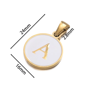 Golden round stainless steel necklace pendant with white enamel letter A and size specs