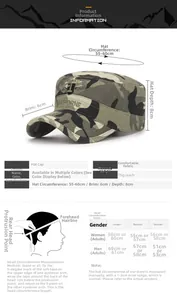 Size chart for camouflage flat top cap with dimensions 55-60cm circumference and cotton details