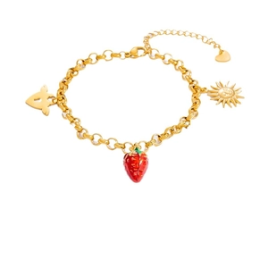 Gold stainless steel bracelet with strawberry, sun face and heart charms on white background