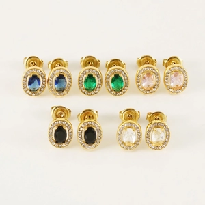 Oval Zircon Stud Earrings Stainless Steel 18K Gold Plated Halo Crystal Retro Fashion Jewelry For Women