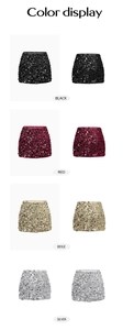Detailed color display of sequin mini skirts in black, red, beige and silver options