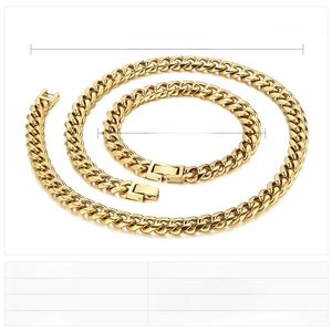 Scheda tecnica con dimensioni di collana e bracciale a catena cubana dorata da 9mm