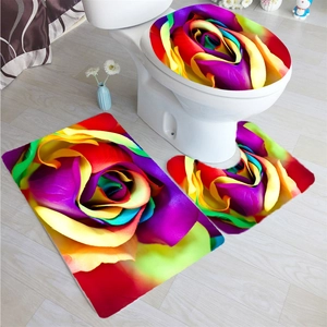 Detailed set of bathroom rugs featuring vibrant 3D rainbow rose prints and soft texture
