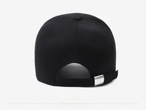 Rear view of black cotton baseball cap showing adjustable silver metal buckle detail