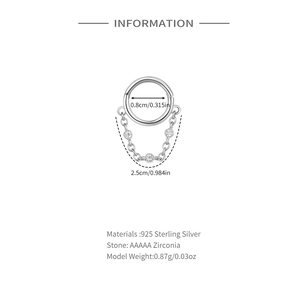 Dettaglio anello piercing in argento S925 con catena e dimensioni dello zircone