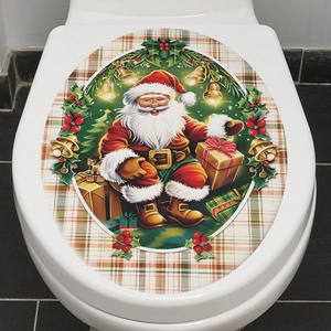 Dettaglio dell'adesivo di Babbo Natale per coperchio WC con regali natalizi vivaci