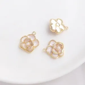 14K gold filled camellia flower pendant with enamel petals and pearl center