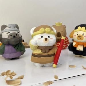 Detailed view of four handcrafted animal figurines with wood texture and Journey to the West outfits