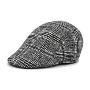 Classic gray houndstooth newsboy cap for elderly men featuring warm winter ear protection