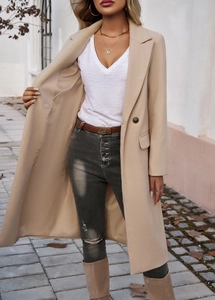 Detail view of beige mid-length wool coat featuring notch lapels and lining texture