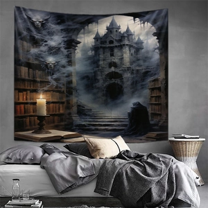 Macro detail of Gothic Halloween tapestry featuring spooky castle and mystical smoke design