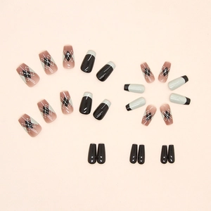 French style press-on nails featuring autumn brown plaid and glossy black patterns