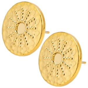 Macro shot of 304 stainless steel golden stud earrings with hammered sunburst pattern