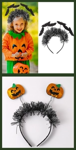 Detail of Halloween headbands with black tinsel, glitter pumpkin and bat decorations