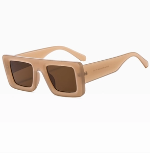 Detail view of square beige frames with dark brown lenses and internal model text