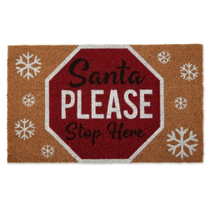 Detail of Santa Please Stop Here coir doormat with red octagon and snowflake patterns