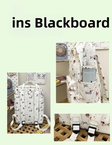 Detail view of canvas backpack side pocket with water bottle and adjustable strap