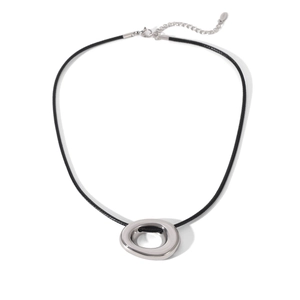 Minimalist stainless steel necklace with silver hollow round pendant on black cord chain