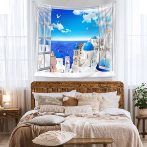 Detail of Santorini blue dome tapestry with window frame effect on a bedroom wall