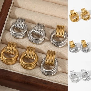 Stainless Steel Interlocking Hoop Earrings PVD Gold Plated Geometric Retro Door Knocker Studs Hypoallergenic For Women