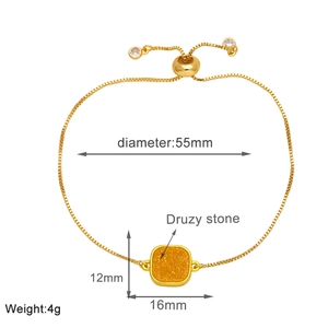Detailed view of 18k gold-plated slider bracelet with yellow Druzy stone and size specs