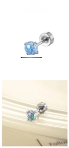 Detail of 4mm candy gradient zircon stud earring with four-prong setting and screw back