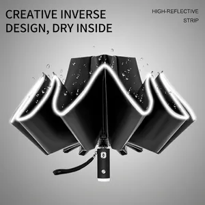 Automatic inverted umbrella with 10 ribs featuring LED light and reflective safety strip