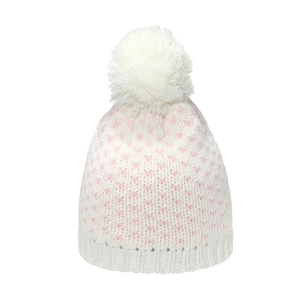 Knit beanie for women featuring pink heart patterns and a fluffy white pom-pom top