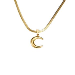 Minimalist 18K gold plated flat snake bone chain with a polished crescent moon pendant
