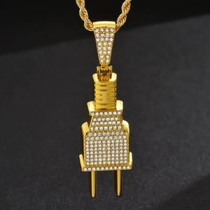 Hip hop style gold plated power plug pendant necklace with shiny crystals on Cuban link chain