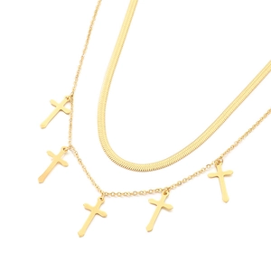 Double-layered golden stainless steel necklace with flat snake chain and five cross pendants