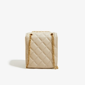 Elegant beige quilted crossbody bag for women with a gold chain strap on white background