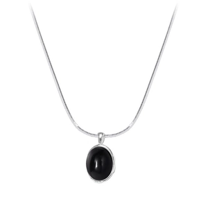 Minimalist s925 silver necklace with black oval agate pendant on sleek snake chain
