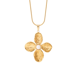Exquisite gold stainless steel flower pendant necklace with central white pearl on snake chain