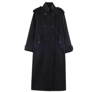 Women's minimalist black long-line double-breasted coat with epaulettes and cuff straps