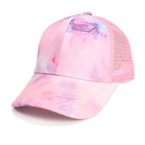 Detailed view of pink tie-dye pattern on breathable mesh baseball cap with curved brim