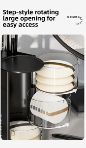 Detail of multi-layer rotating cosmetic organizer with transparent acrylic drawers