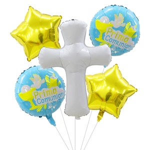 5-piece baby baptism balloon set with white cross, blue stars, and gold foil motifs