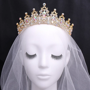 Detail view of Baroque gold bridal tiara with colorful water-drop rhinestones and AB gems
