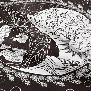 Close-up of the sun and moon textile fabric showing detailed bohemian woven texture