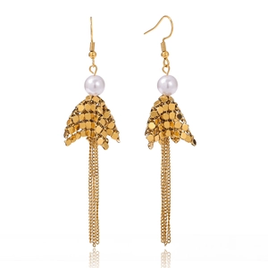 Detail of 18K gold stainless steel earrings with scale pattern and hanging tassels
