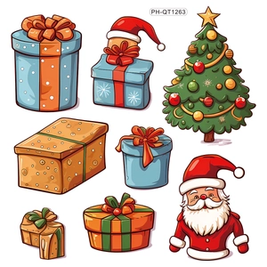 Cartoon Christmas wall stickers set with Santa, decorated tree and colorful gift boxes