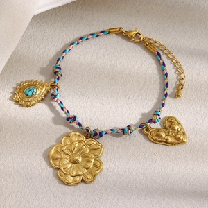 Bracciale Corda Intrecciata Bohémien Acciaio Inossidabile Oro 18K Cordino Colorato Ciondoli Fiore Cuore Donna