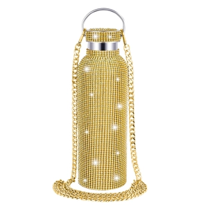 Luxury gold rhinestone thermal coffee mug with chain strap and sparkling diamond finish