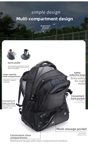 Detail of waterproof sports backpack with independent shoe compartment and racket pocket