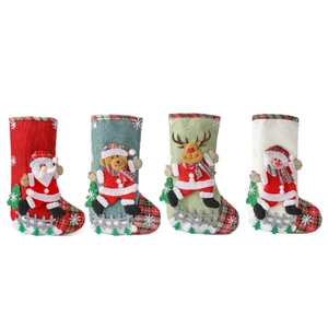 Set of 4 large linen Christmas stockings with Santa, reindeer, bear, and snowman patterns