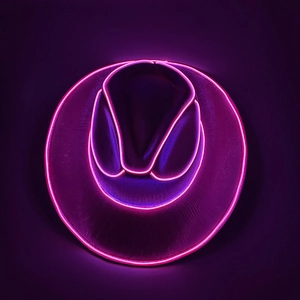 Close-up of LED neon glowing edges on a purple cowboy hat with cyberpunk style aesthetics