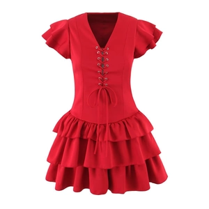 V Neck Mini Dress Flutter Sleeves Polyester Spandex Lace Up Tiered Ruffle Layered Cake Hem Gothic Sweet Solid Color Fashion