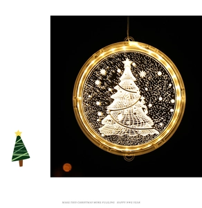 Detail of warm white 3D acrylic LED window hanging light with a glowing Christmas tree