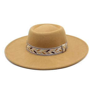Classic camel wool fedora hat with a 9.5cm wide brim and ethnic woven decorative band